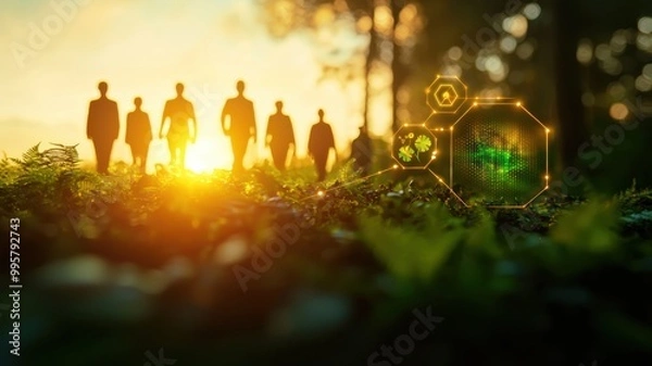 Fototapeta Leading the Way: Business Team in Forest with Sustainable Energy Icons and Watercolor Details