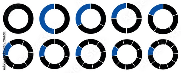 Obraz A round segmented chart. Divided into 1-10 parts. Segmented circle icons for infographic, data analysis, web design, ui or presentation. Blue and black.