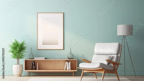 Fototapeta Modern reading room with cream mock up frame on pastel blue wall.