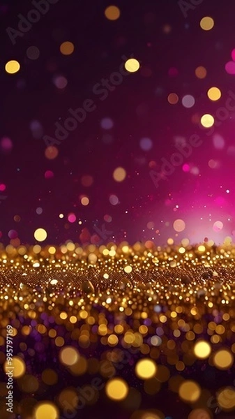 Fototapeta Christmas Background With Golden Flakes And Shiny Lights On A Purple Backround.