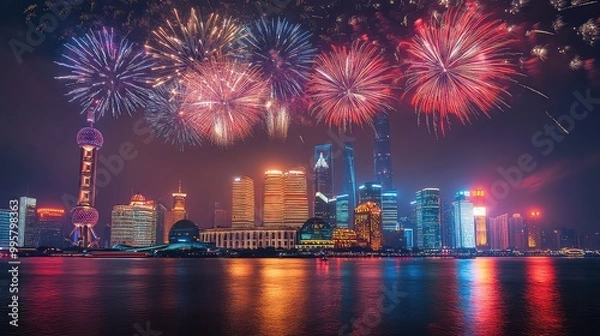 Fototapeta New Year's Eve Celebrations and Fireworks in Major Cities Around the World, Generative AI