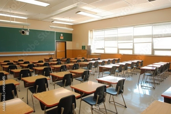 Fototapeta Empty classroom with desks, chairs, projector screen, and bulletin boards. Ideal for educational, school related, back to school, or classroom themed designs. Generative AI