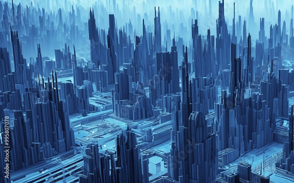 Fototapeta Abstract blue buildings on a futuristic planet with top view of AI generated skyscrapers