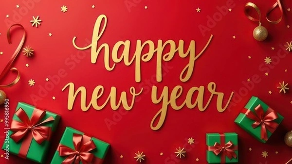 Fototapeta Big golden handwriting thin letters “happy new year ” over red background with golden gifts on it 