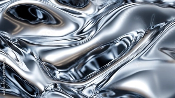 Fototapeta Abstract close-up of shimmering chrome-like liquid metal with flowing patterns reflecting light.