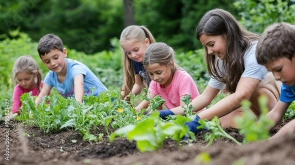 Fototapeta Children working together in a sunny garden, exploring nature and teamwork in a lush outdoor setting