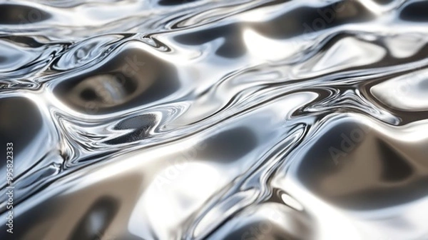 Fototapeta Abstract silver liquid texture with flowing waves and reflections, creating a serene and dynamic visual effect.