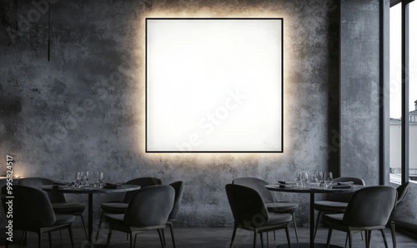 Fototapeta square blank white frame mockup with LED light on wall in modern restaurant