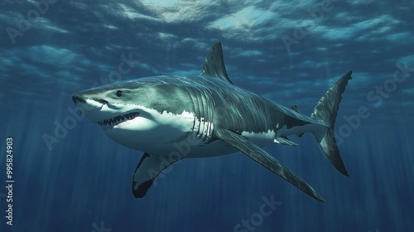 Fototapeta A large shark is swimming in the ocean