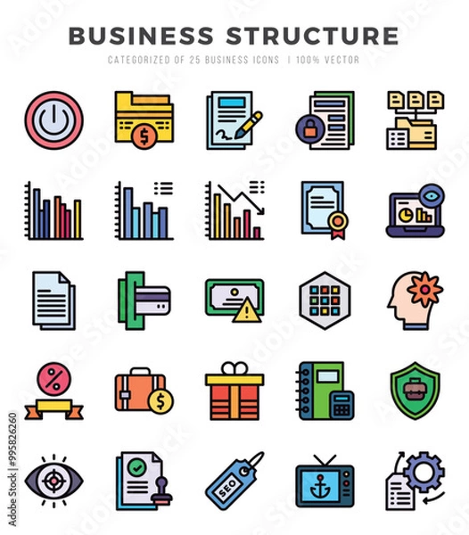 Fototapeta Set of Business Structure Icons. Simple Lineal Color art style icons pack.
