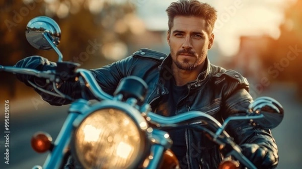 Fototapeta A man is riding a motorcycle with a leather jacket and a beard. He is wearing a leather jacket and gloves