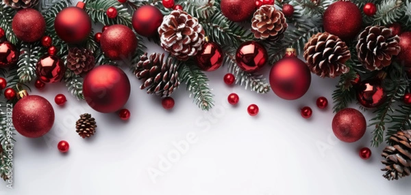 Fototapeta Close-up of new year decoration on white background, Christmas banner with balls and decorations on empty space