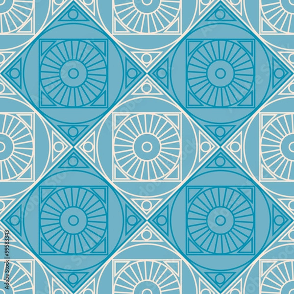 Fototapeta Seamless vector pattern. Symmetrical geometric background with rhombus and circles on the blue backdrop. Decorative repeating ornament.