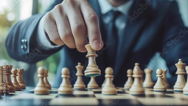 Fototapeta A businessman is playing chess