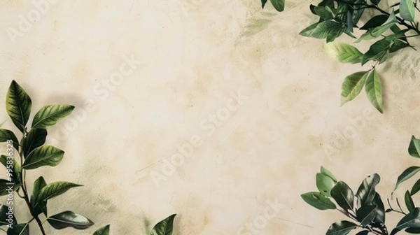 Fototapeta The background is plain and beige, with some green leaves and branches partially visible around the edges of the frame