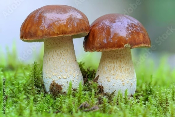 Fototapeta Two Oak Mushrooms in the moss , isolated on white background,  , copy space for text,