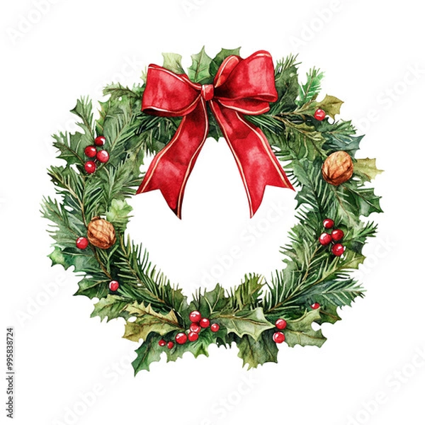 Fototapeta christmas wreath with red ribbon
