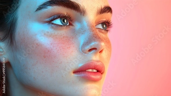 Fototapeta Side profile of a young woman with dark circles and uneven skin tone, with natural light After image  even-toned, bright skin, glowing, and confident expression, Pop art, Vibrant colors