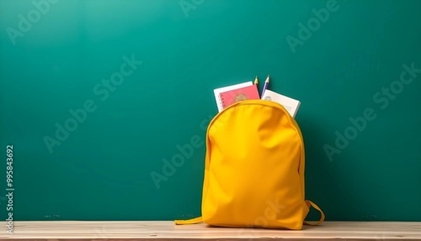 Fototapeta  A bright yellow school bag propped up against an empty green chalkboard, with books and school accessories like pencils, a ruler, and an eraser spilling out of the open bag, generative ai