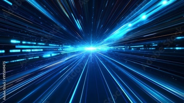 Fototapeta Vector Abstract, science, futuristic, energy technology concept. Digital image of light rays, stripes lines with blue light, speed and motion blur over dark blue background. 