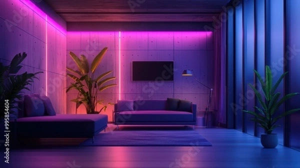 Fototapeta Modern Living Room with Neon Lighting and Indoor Plants in a Contemporary Home Interior