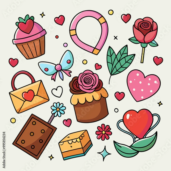 Fototapeta Watercolor valentine's day element collection , Handdrawn Love Elements for Valentines Day , Cartoon Hand Drawn Doodles Happy Valentines Day with Symbol and Items Theme Form Heart