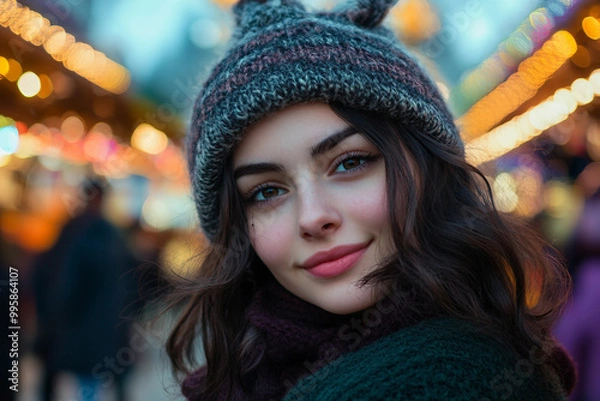 Fototapeta Generative AI image of joyful winter Christmas fair with snow falling festive lights, perfect for holiday and celebration themes