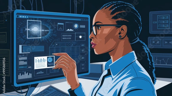 Fototapeta AI cyber security threat illustration, black african american female IT specialist analysing data information technology, augmented reality artificial intelligence collage, side profile
