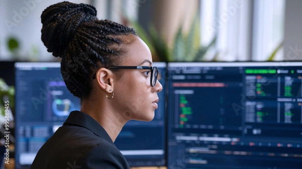 Fototapeta AI cyber security threat illustration, black african american female IT specialist analysing data information technology, augmented reality artificial intelligence collage, side profile