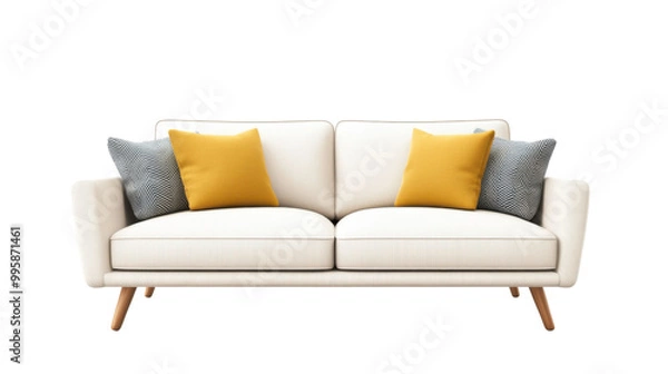 Fototapeta Modern sofa with yellow and gray cushions on a white isolate background. PNG