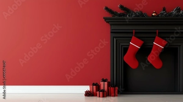 Fototapeta Festive Christmas decor with stockings hanging on fireplace mantel and gifts in red wrapping paper against red wall.