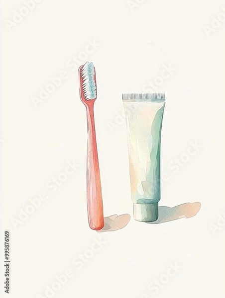 Fototapeta Simple watercolor illustration of a red toothbrush and a toothpaste tube placed side by side on a light, minimalistic background.