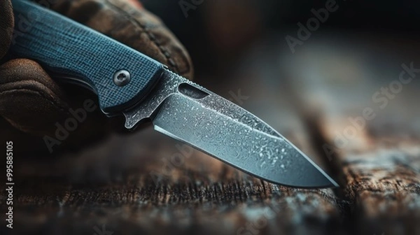 Fototapeta A hand gripping a knife with water droplets on the blade, set against a textured wooden background, highlighting the ruggedness and reliability of the tool.