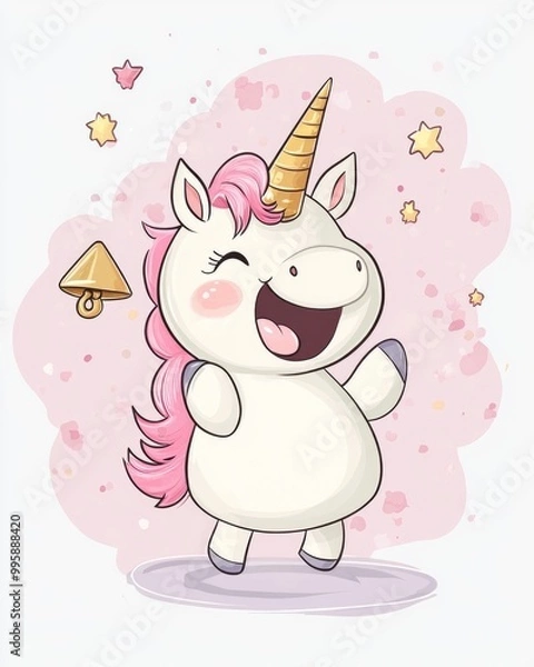Fototapeta Adorable cartoon unicorn joyfully interacting with a triangle bell in this delightful illustration