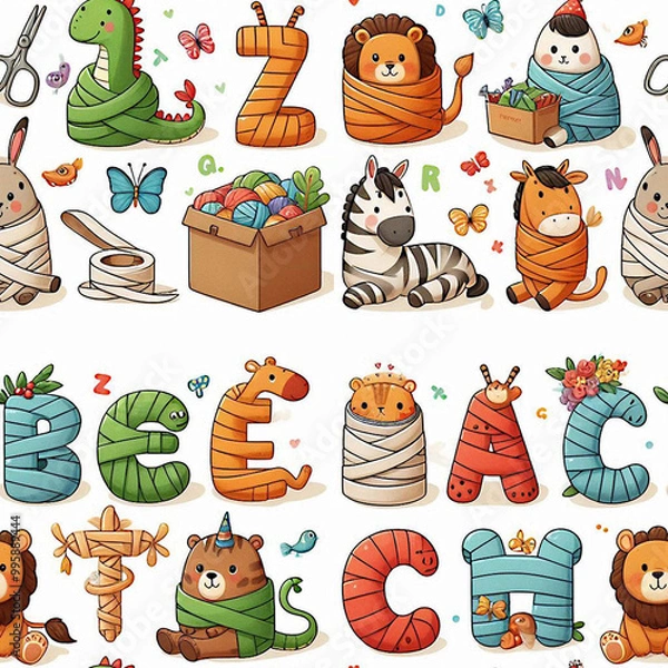 Obraz Seamless patterns, cartoons, animals, alphabet, beautiful colors, suitable for various graphic works.