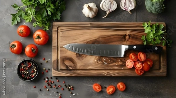 Fototapeta A sharp chef's knife on a wooden cutting board, surrounded by vibrant vegetables and spices
