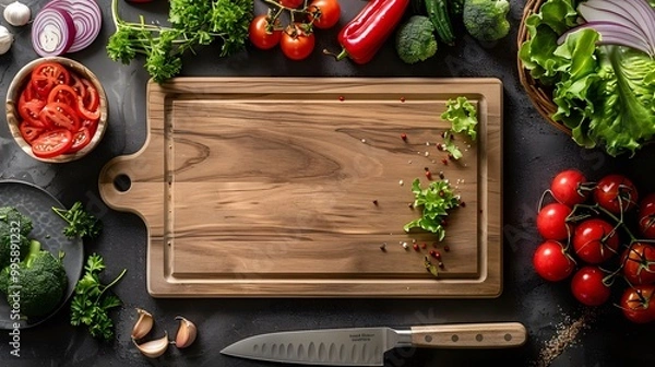 Fototapeta Fresh vegetables and spices surround a sharp chef's knife on a rustic wooden cutting board