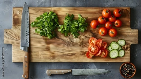 Fototapeta A wooden cutting board holds a sharp chef's knife, with fresh vegetables and spices nearby
