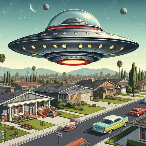 Obraz Classic flying saucer spacecraft hovering illusration