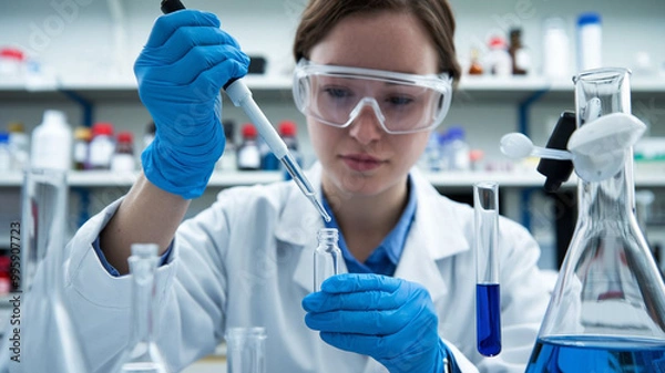 Fototapeta A photo of a woman scientist in a laboratory. She is wearing a lab coat and goggles. She is holding a pipette over a glass vial. There is a test tube with a dropper next to the vial. The background