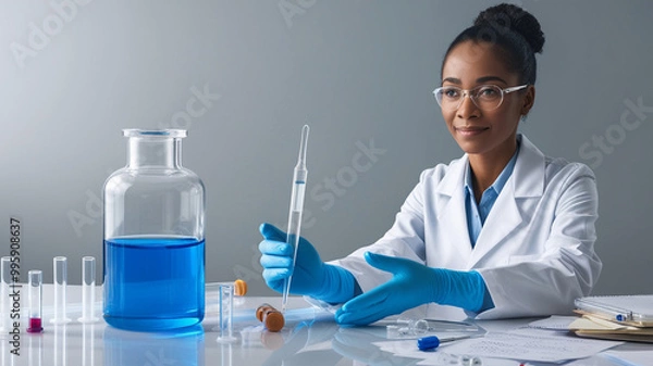 Fototapeta A photo of a woman scientist in a laboratory. She is wearing a lab coat and goggles. She is holding a pipette over a glass vial. There is a test tube with a dropper next to the vial. The background