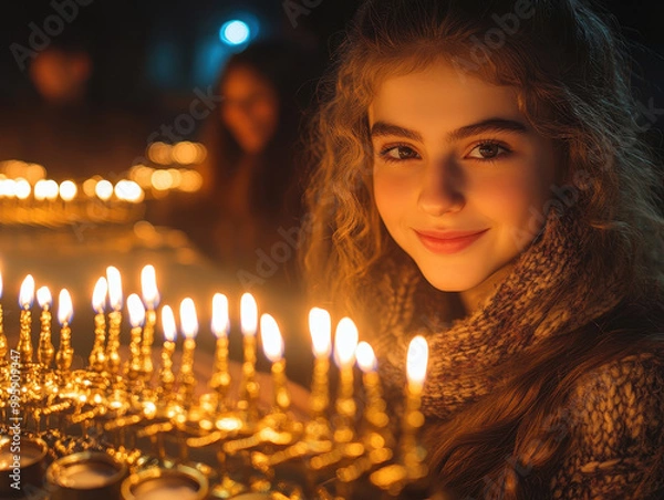 Obraz Inspiring Hanukkah menorah lighting ceremony pictures showing families and communities lighting the menorah together