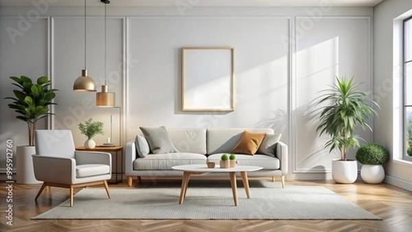 Fototapeta Interior design of a contemporary living room featuring stylish furniture and large windows, creating a bright and airy ambiance
