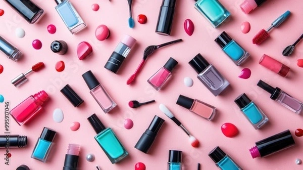 Fototapeta An artistic flat lay of various nail polish bottles in different shades, surrounded by nail tools like files and clippers, perfect for beauty and self-care content.