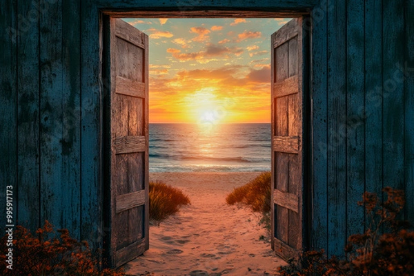 Fototapeta Open door with access to the sandy beach with a setting sun . Travel concept.