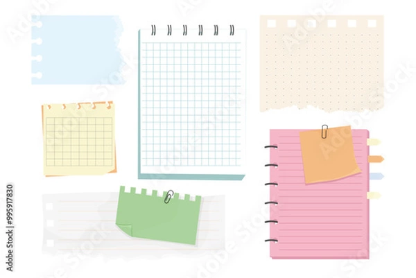 Fototapeta Memo notes, paper for note with clip, postit. Planner notebook page. Idea list. Post note sticker. Quote frame, reminder.