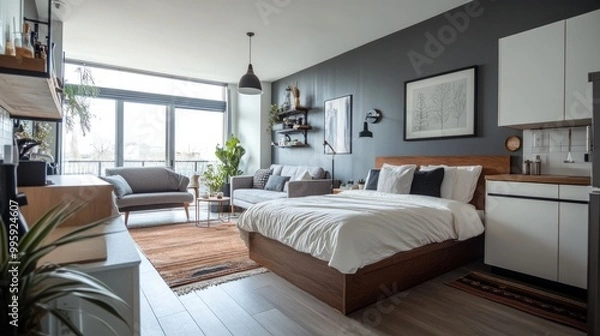 Fototapeta Bright studio apartment interior with a small living space, combining a bed, a couch, and a compact kitchen.