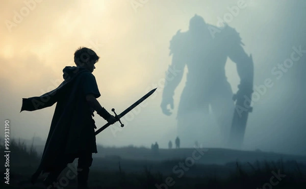 Obraz Watercolor illustration David and Goliath Bible story of a young Shepherd boy defeating a giant Warrior unfair fight with a simple pebble and slingshot. concept of holy background battlefield.