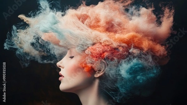 Obraz A Surreal Representation of Creativity Through Colorful Swirling Ideas Emanating from a Mind