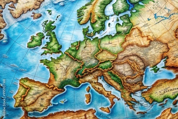 Fototapeta A connected map of Europe and Africa illustrates their shared borders, featuring geographical landmarks, capital cities, and major waterways across the Mediterranean Sea.